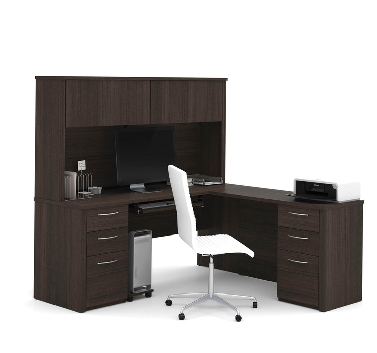 Bestar L-Desk Dark Chocolate Embassy L-Shaped Desk with Hutch and 2 Pedestals - Available in 2 Colors