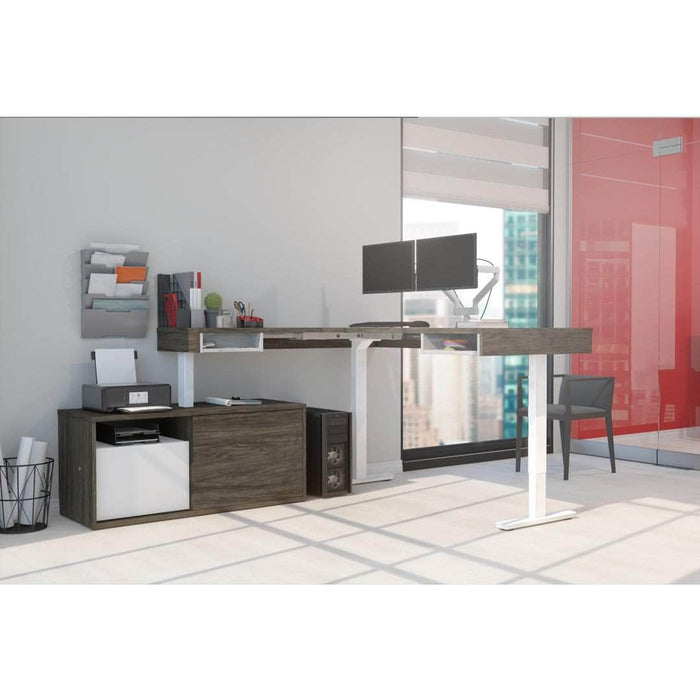 Bestar L-Desk Pro-Vega L-Shaped Standing Desk with Credenza and Dual Monitor Arm - Available in 2 Colors