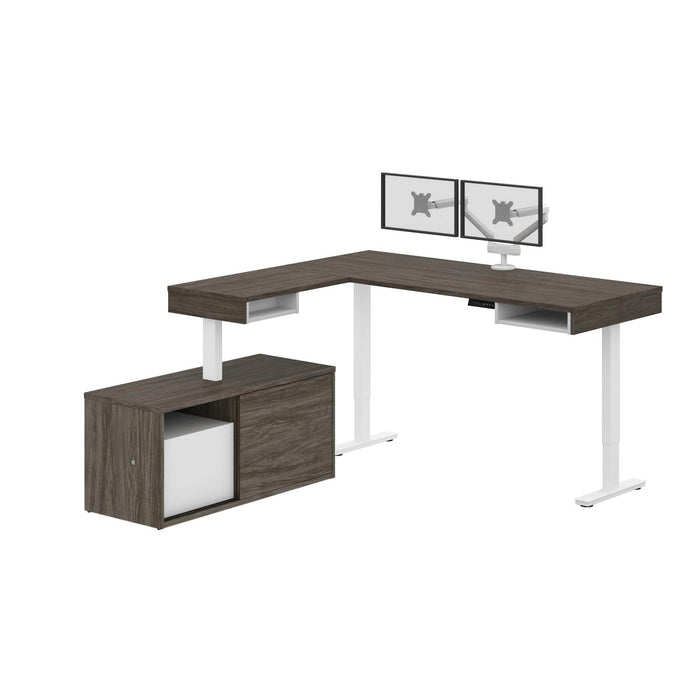 Bestar L-Desk Walnut Gray & White Pro-Vega L-Shaped Standing Desk with Credenza and Dual Monitor Arm - Available in 2 Colors