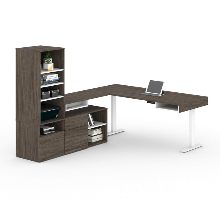 Bestar L-Desk Walnut Gray & White Viva 3-Piece set including an L-Shaped standing desk, a credenza, and a hutch - Available in 2 Colors