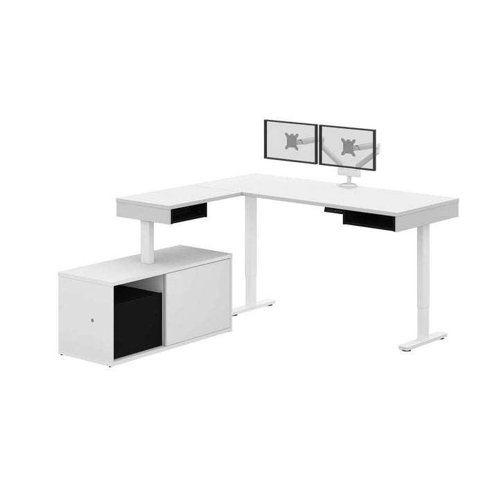 Bestar L-Desk White & Black Pro-Vega L-Shaped Standing Desk with Credenza and Dual Monitor Arm - Available in 2 Colors