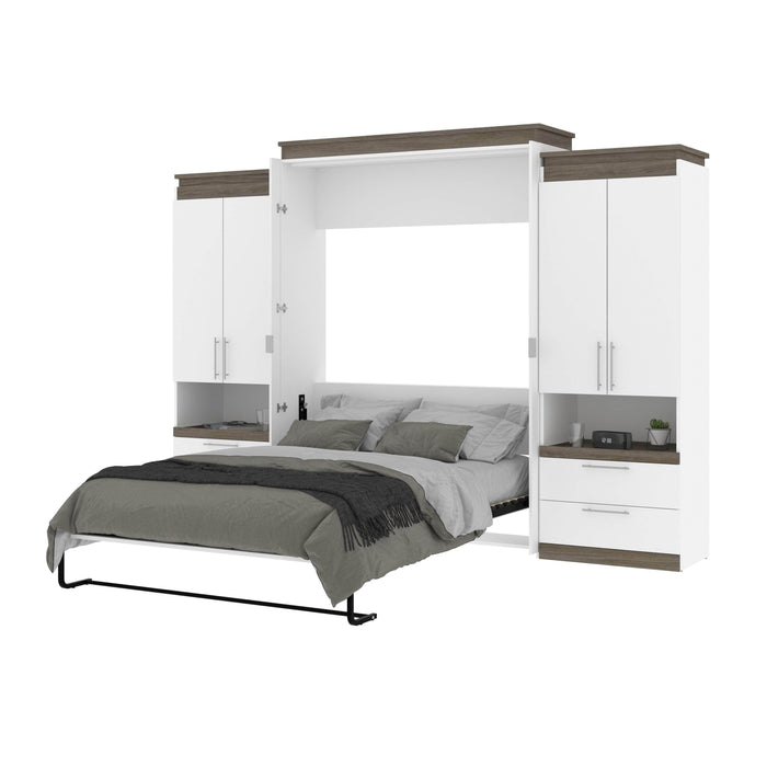 Bestar Queen Murphy Bed Orion 124W Queen Murphy Bed And 2 Storage Cabinets With Pull-Out Shelves (125W) In White & Walnut Gray