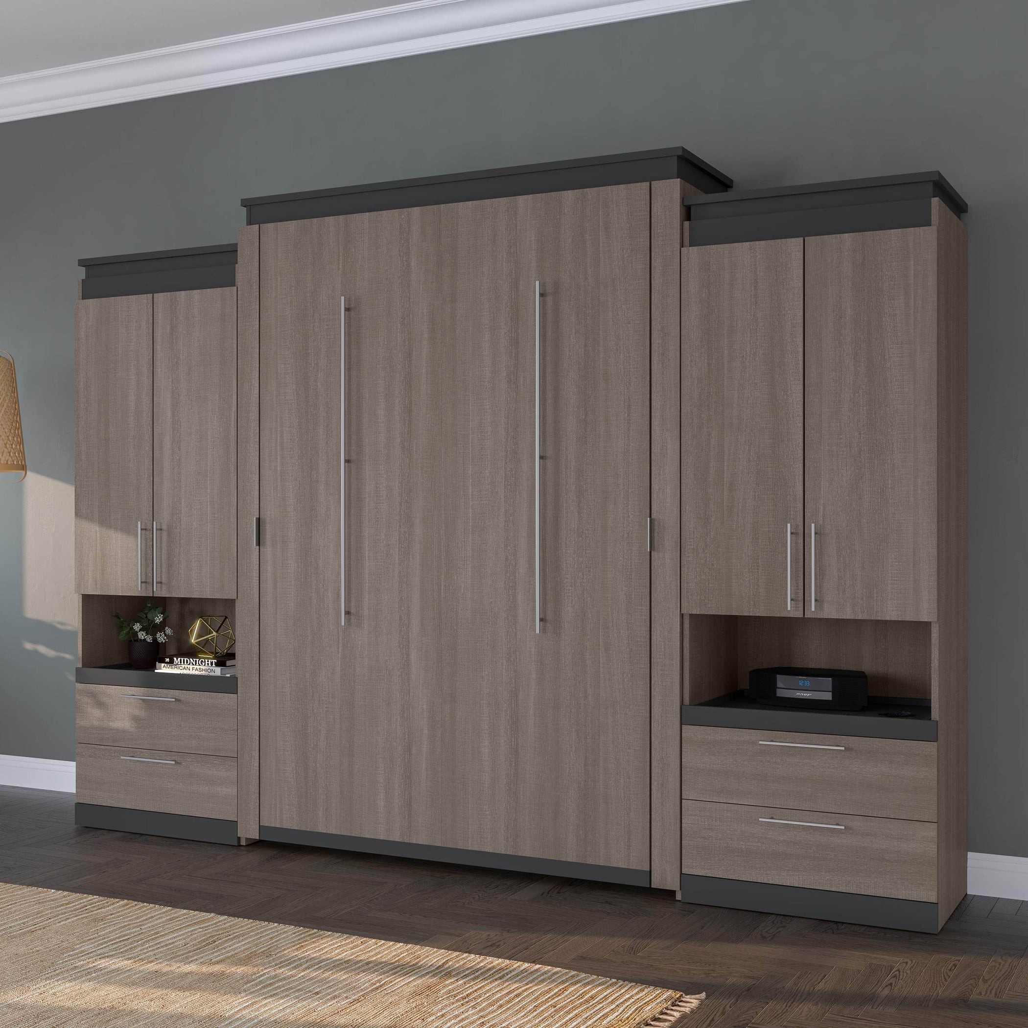 Bestar Orion 124"W Queen Murphy Wall Bed with 2 Storage Cabinets and ...
