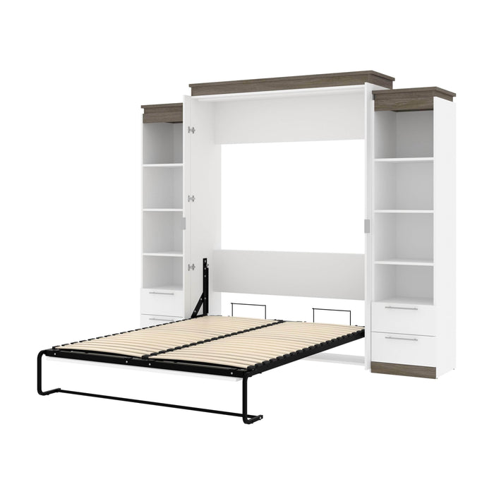 Bestar Murphy Beds White & Walnut Gray Orion 104W Queen Murphy Bed And 2 Narrow Shelving Units With Drawers - Available in 2 Colors