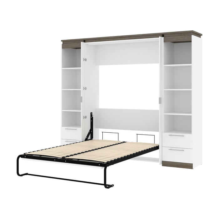 Orion 98"W Full Murphy Wall Bed with 2 Narrow Shelving Units and Drawers - Available in 2 Colors