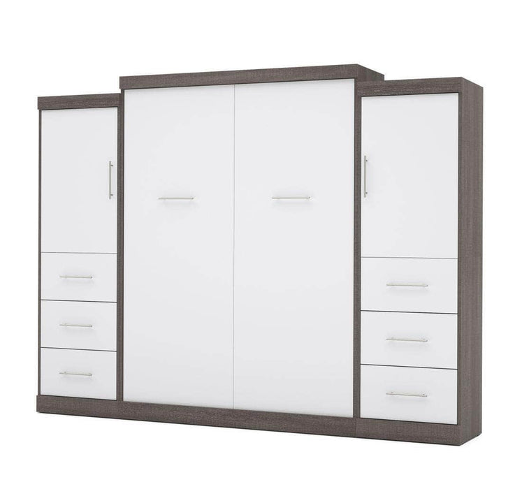 Bestar Nebula 115" Set including a Queen Wall Bed and Two Storage Units with Drawers - Bark Gray & White