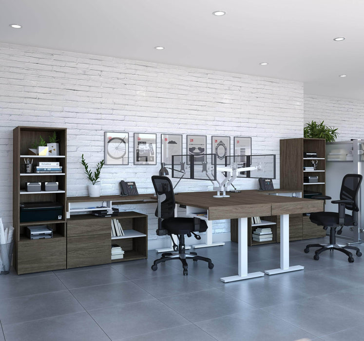 Bestar Standing Desk Viva 8-Piece Set including two L-shaped standing desks, two storage units, two credenzas, and two dual monitor arms - Available in 2 Colors
