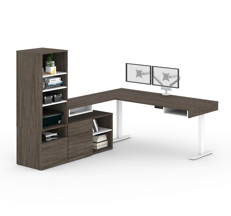 Bestar Standing Desk Walnut Gray & White Viva 8-Piece Set including two L-shaped standing desks, two storage units, two credenzas, and two dual monitor arms - Available in 2 Colors
