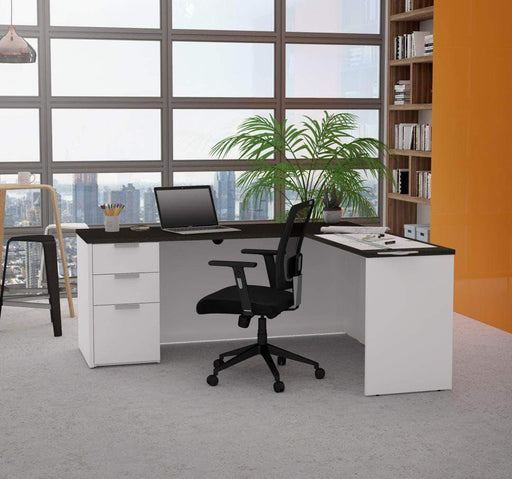 Bestar White & Deep Gray L-Shaped Desk with Pedestal - Available in 2 Colors