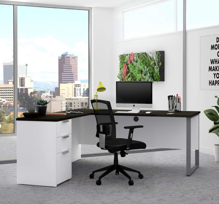 Bestar White & Deep Gray Pro-Concept Plus Open Side L-Shaped Desk with Pedestal - Available in 2 Colors