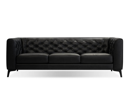 Mobital Dalton High Back Sofa in Tufted Vintage Black Top Grain Leather with Black Wood Stained Legs