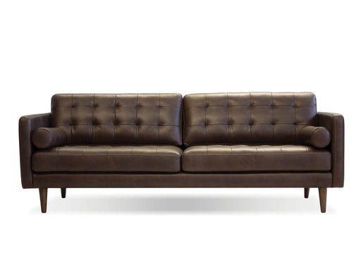 Mobital Baldwin 89" Tufted Sofa In Vintage Top Grain Chocolate Leather With Wood Legs Stained In Tea