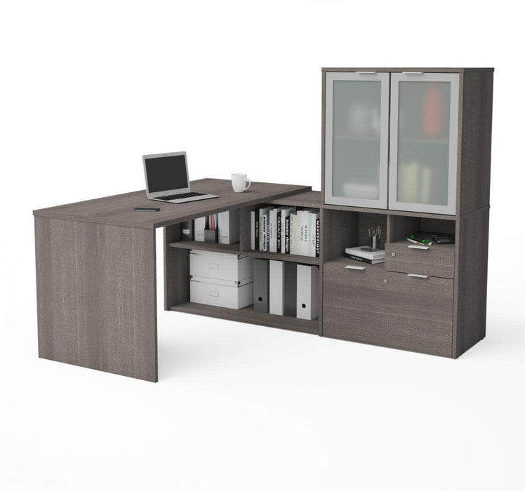  Bestar Bestar i3 Plus L-shaped Desk with Frosted Glass Doors Hutch - Bark Gray