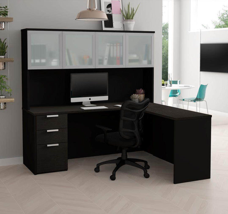  Bestar Pro-Concept Plus L-Shaped Desk with Dedestal and Frosted Glass Door Hutch - Deep Gray & Black
