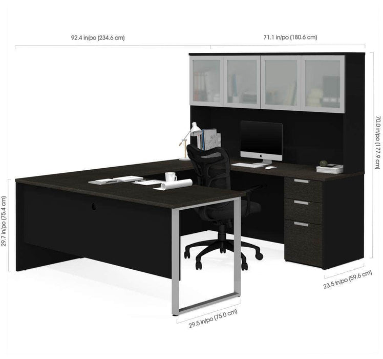 Pro-Concept Plus U-Shaped Desk with Pedestal and Frosted Glass Door Hutch - Deep Gray & Black Dimensions