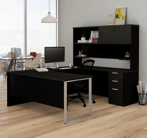  Bestar Pro-Concept Plus U-Shaped Desk with Pedestal and Hutch - Deep Gray & Black