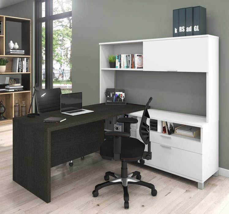 Pro-Linea L-Shaped Desk with Hutch - Deep Gray & White