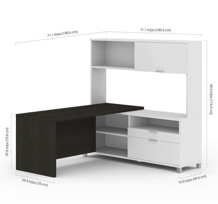  Bestar Pro-Linea L-Shaped Desk with Hutch - Deep Gray & White